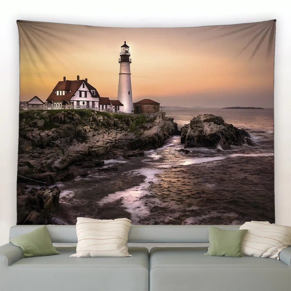 Flowers Full Moon Night Seascape Tapestry Coastal Mountains Lighthouse