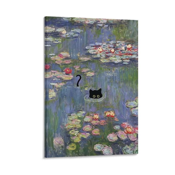 Flowers Fun Black Cat Wall Art Famous Monet Oil Painting Water Lilies Black Cat Picture Print Wall Art Poster Painting Canvas Posters Artworks Gift Room Aesthetic 12x18inch(30x45cm)