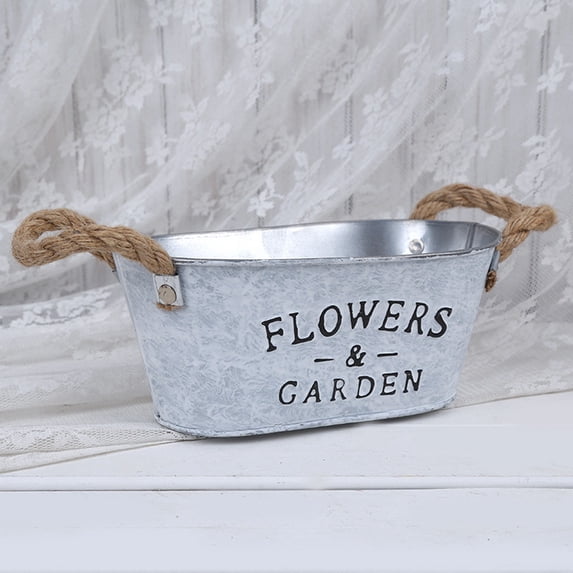 Flowers & Garden Bucket,Oval Galvanized Metal Planter Tub,Vintage Farmhouse Iron Flower Bucket with Handles,Rustic Large Tin Plant Container for Outdoor Garden Decor, Decorative Flower Pot for Plants