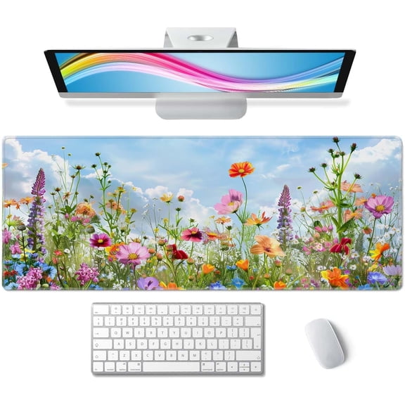 Flowers in Garden Large Gaming Mouse Pad Keyboard Desk Pad Extended Mouse Pad Gaming Office Decor, PC Laptop Mouse Pads Large (31.5x151.8 in) with Stitched Edges Non-Slip Base Mousepad XL
