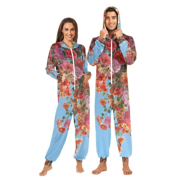 Flowers Garden Roses Adult Onesie Pajamas Slim Fit Christmas One Piece Suit Pjs for Women and Men Hooded Zipper