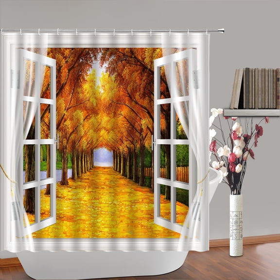 Flowers Garden Scenery Shower Curtain Floral Plant Forest Trees Road Maple Leaves Bath Cur
