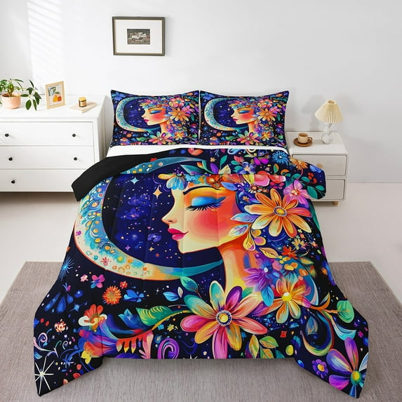 Flowers Comforter Set,Watercolor Crescent Moon Stars Decor Bedding Set Teens Adults,Colorful Daisy Floral Exotic Down Comforter with 2 Pillowcases King Size 3 Pcs