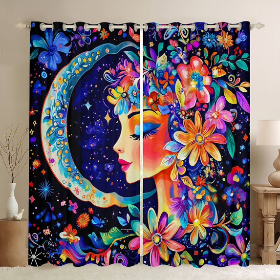 Flowers Window Curtains Watercolor Crescent Moon Stars Decor Window Drapes Teens Adults Colorful Daisy Floral Exotic Curtains for Living Room 2 Panels 42Wx90L