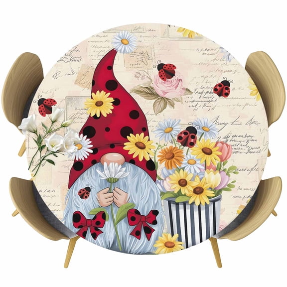 Flowers Gnomes Round Tablecloth 55-60 Inch Round Fitted Table Cloth with Elastic Edge, Farmhouse Daisy Widflower Summer Spring Waterproof Table Cover Protector for Outdoor Picnic Party Dining