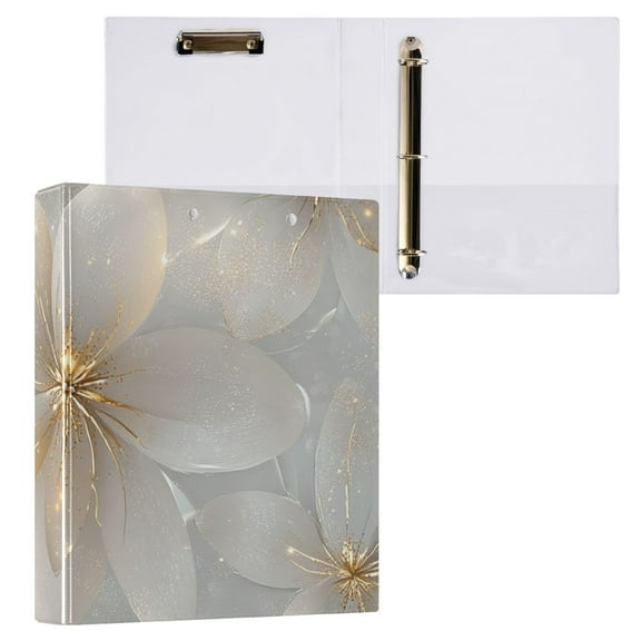 Flowers Gold 3 Ring Binders 1.5 inch Hardcover File Folders with Interior Pockets A4 Size Organizer for School Office Hospital