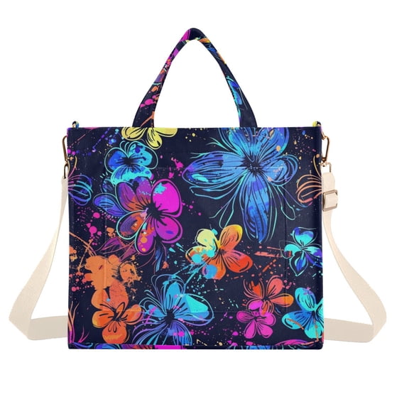 Flowers Graffiti Corduroy Tote Bag Handbag Large Messenger Bag Shoulder Crossbody Zipper Bag Purse