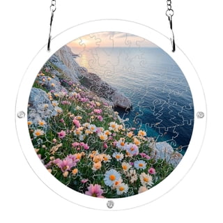 Flowers Grass by The Sea Acrylic Jigsaw Puzzles 83 Pieces Suncatcher for Window Hanging 7.5 Inch Holiday Home Decor