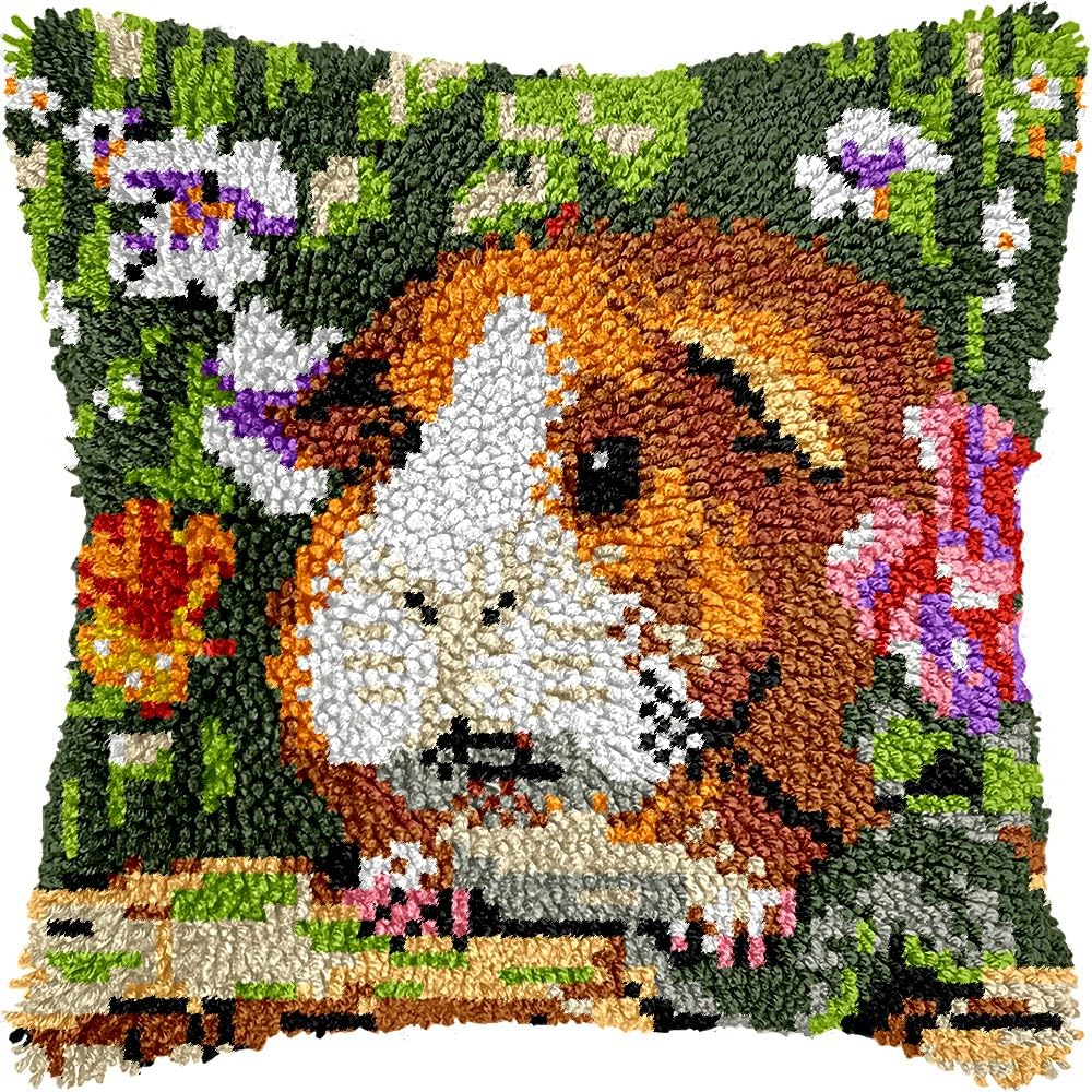 Flowers Hamster Latch Hook Pillow Kits for DIY Handmade Throw Pillow Cushion Embroidery Latch Hooking Pillowcase Kits with Preprinted Canvas Crochet Yarn Kits 17''X 17''(g301)