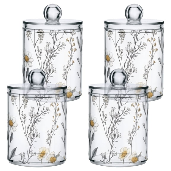 Flowers Hand Drawn Pattern Bathroom Canisters Set of 4 Translucent Plastic Storage for Cotton Pads and Floss