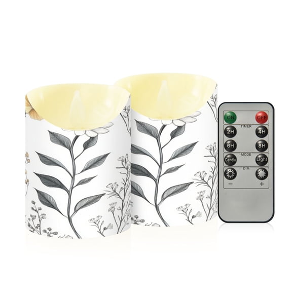 Flowers Hand Drawn Pattern Flameless Candles 2 PCS with Remote Realistic Moving Flame LED Tapered Pillar Set for Home Decor