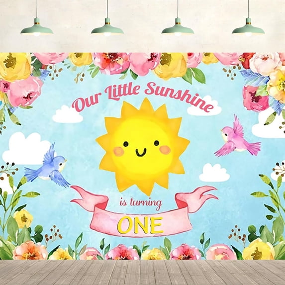 Flowers Happy Birthday Backdrop Our Little Sunshine is Turning One Sun Flora Background Party Supplies Wall Banner Cake Table Decoration Photography Girls Women Photo Studio Props