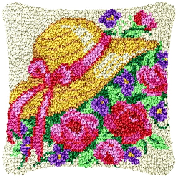 Flowers Hat Latch Hook Kits Pillow Cover DIY Rug Making Crochet Hook Cushion Making Kits with Preprinted Pattern Canvas DIY Needlework Crochet Kits Sofa Decor 43x43cm