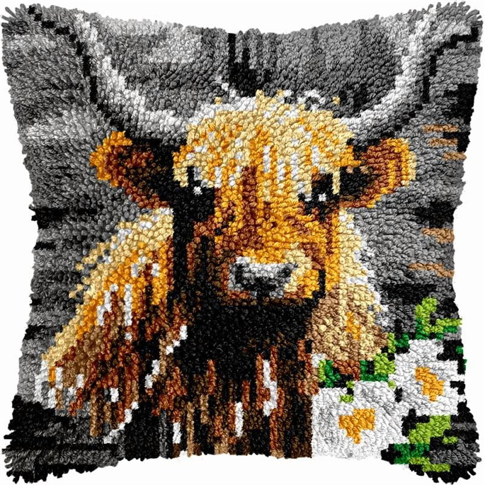 Flowers Highland Cow Latch Hook Pillow Kits Cushion Pillowcase with Pattern Printed Canvas Sofa Hooking Pillows Crafts Embroidery Latch Hooking Crochet Kits 17x17 inch(43)