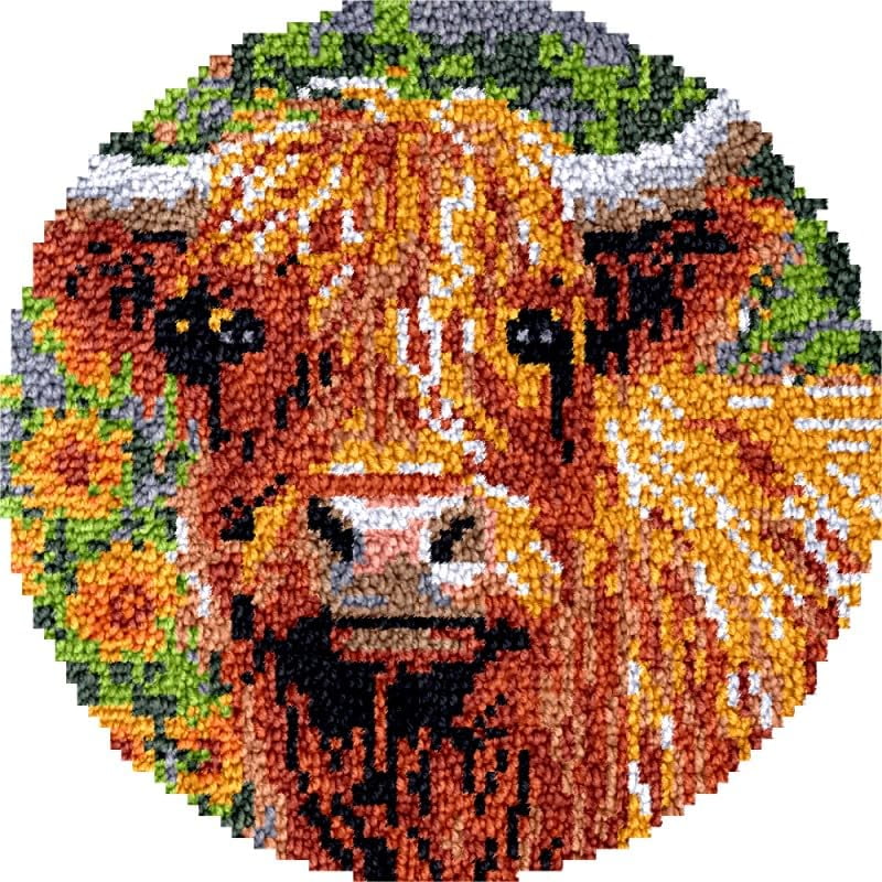 Flowers Highland Cow Round Shape Latch Hook Rug Kits Set for Starter Crochet Hook Cushion Mat Sofa Seat Cushion Crocheting Kits with Preprinted Canvas Crochet Yarn Kits 50X50CM (fi16)