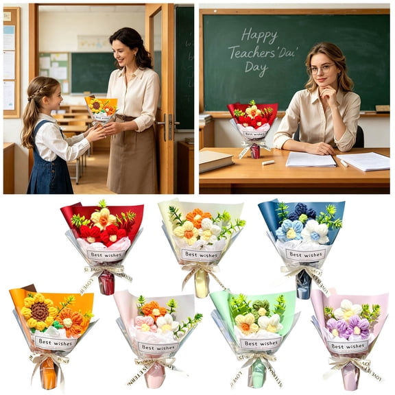 Flowers Hook Bouquet Sunflower Crafted Knitted Arrangement for Indoor Ideal for Graduation Birthday Teacher Appreciation Cards and Celebration,16 cm,Pink