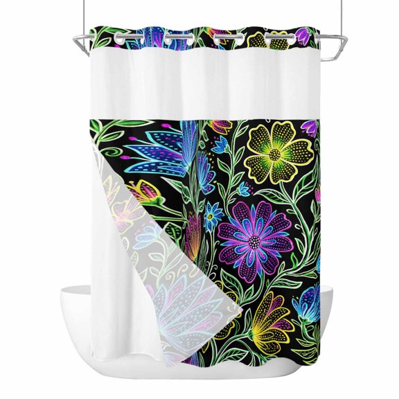 Flowers No Hooks Shower Curtain with Snap-in Liner Abstract Gradient Blue Green Purple Lines Floral Black Shower Curtains for Bathroom, Waterproof, Easy Install, Washable 60"x72"