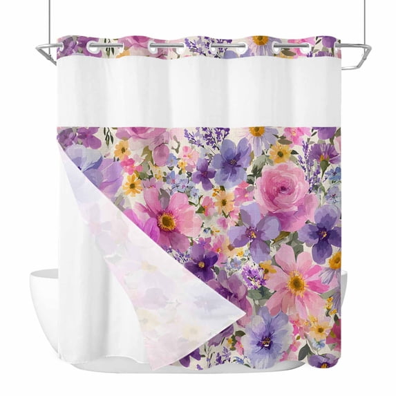 Flowers No Hooks Shower Curtain with Snap-in Liner Spring Watercolor Pink Purple Floral Linen Texture Shower Curtains for Bathroom, Waterproof, Easy Install, Washable 72"x78"