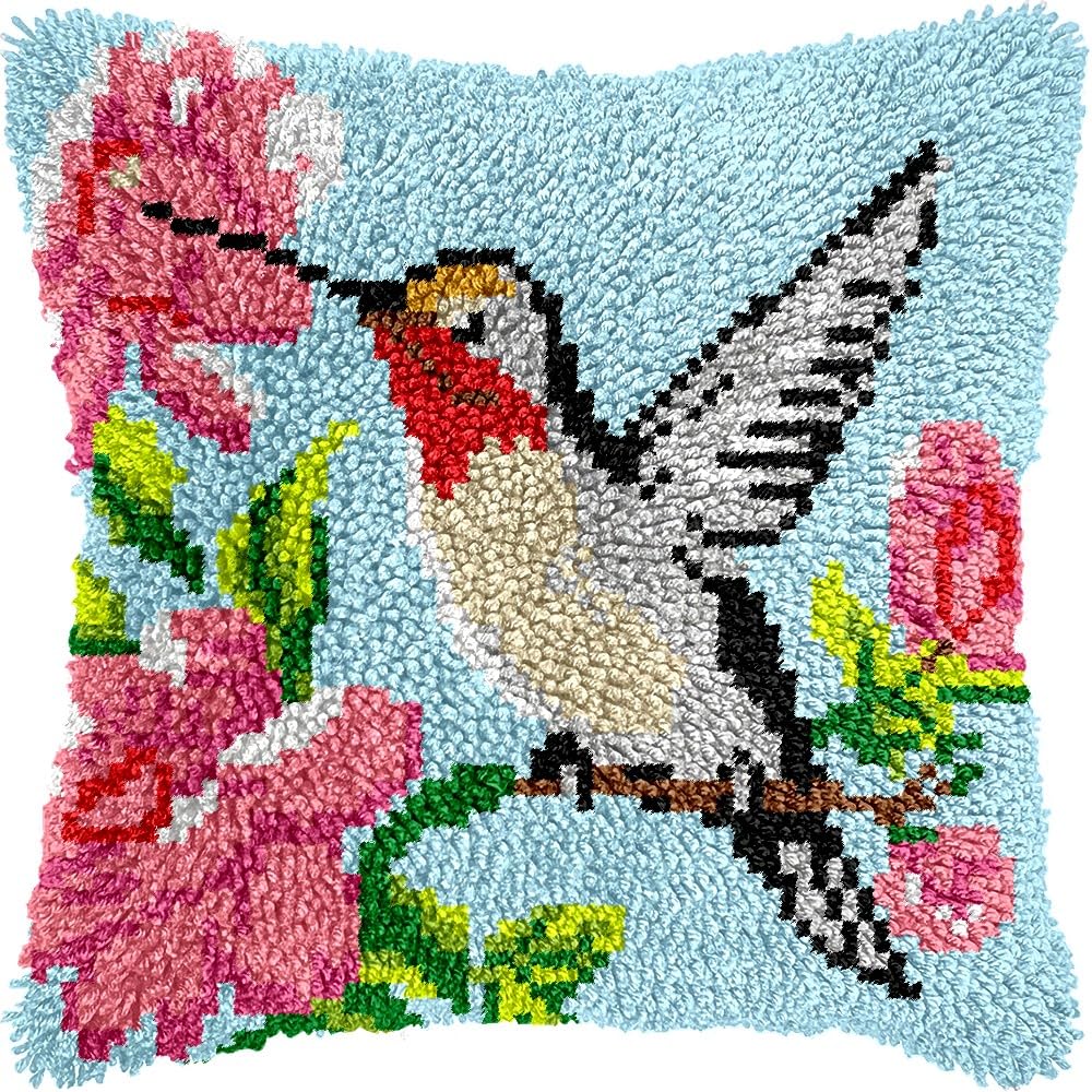 Flowers Hummingbird Latch Hook Pillow Kits for DIY Throw Pillow Cushion Embroidery Latch Hooking Pillowcase Kits with Preprinted Canvas Crochet Yarn Kits for Home Decor 17''X 17''(d69)