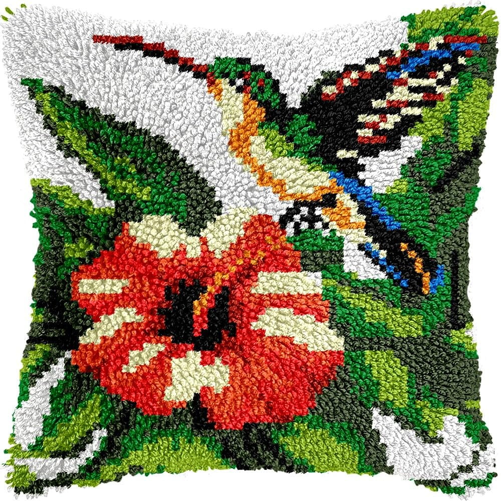 Flowers Hummingbird Latch Hook Pillow Kits for DIY Throw Pillow Cushion Embroidery Latch Hooking Pillowcase Kits with Preprinted Canvas Crochet Yarn Kits for Home Decor 17''X 17''(C101)