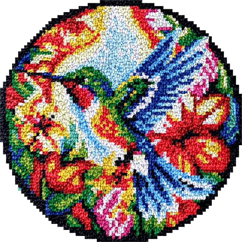 Flowers Hummingbird Round Shape Latch Hook Rug Kits Set for Starter Crochet Hook Cushion Mat Sofa Seat Cushion Crocheting Kits with Preprinted Canvas Crochet Yarn Kits 50X50CM (fi29)