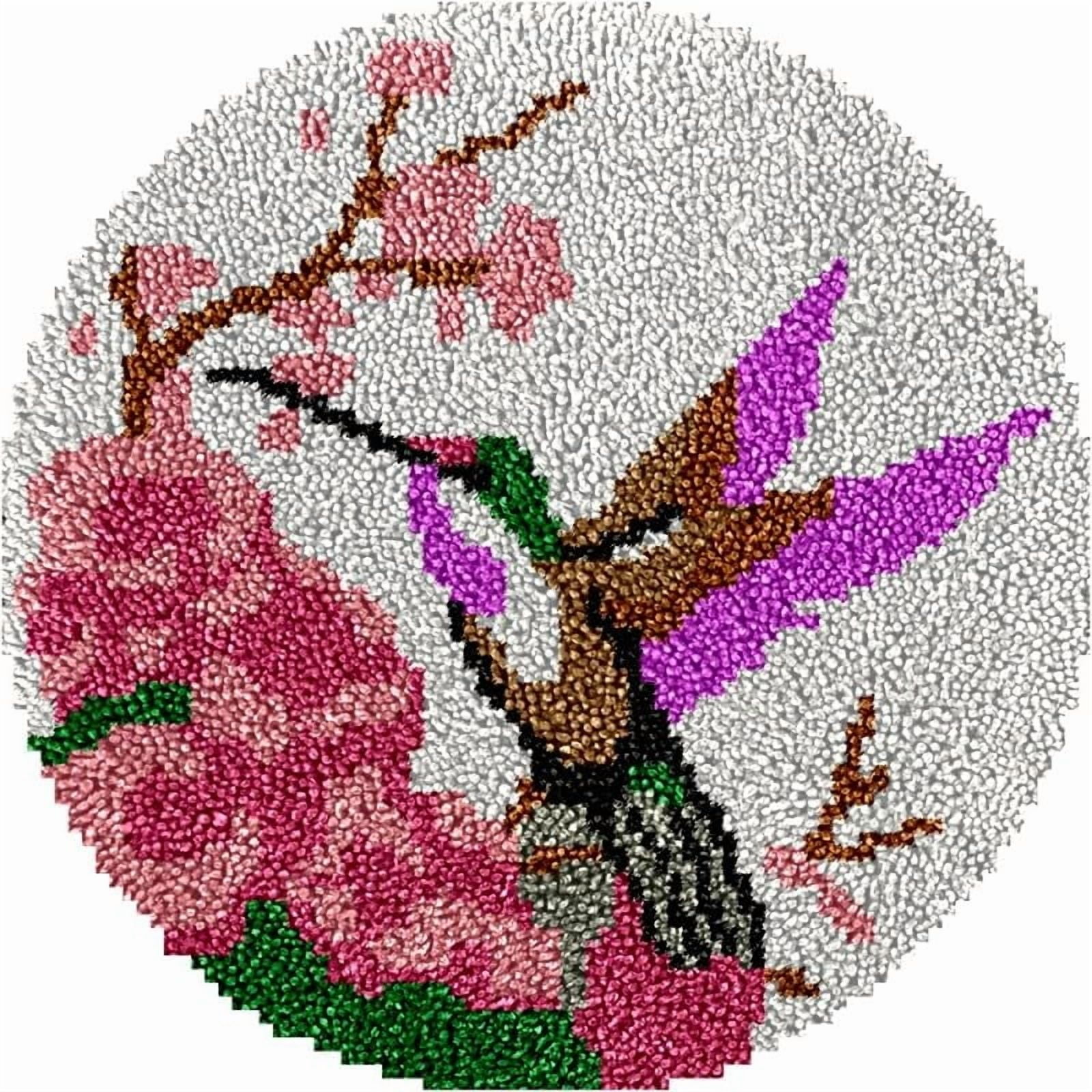 Flowers Hummingbird Round Shape Latch Hook Rug Kits Set for Starter Crochet Hook Cushion Mat Sofa Seat Cushion Crocheting Kits with Preprinted Canvas Crochet Yarn Kits 50X50cm (ui86)