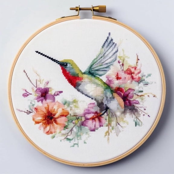 Flowers Hummingbird Starter Easy Cross Stitch Kits Color Stamped Embroidery Kits DIY 11CT Stamped Patterns Embroidery Needlework Kit Supplies 12 Inch Hoop Included(et-162)