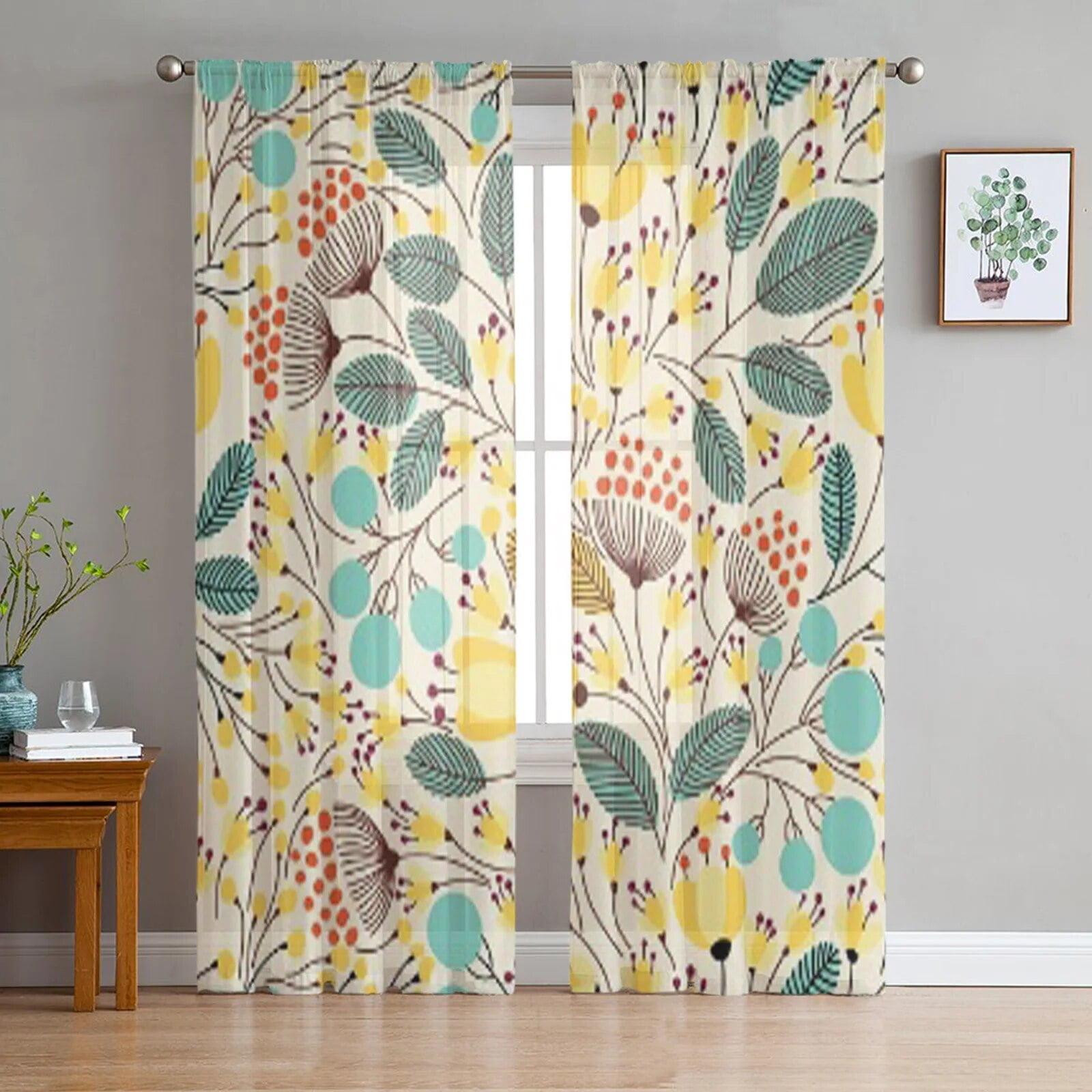 Flowers Illustration Bay Window Screening Curtains Drape Panel Sheer