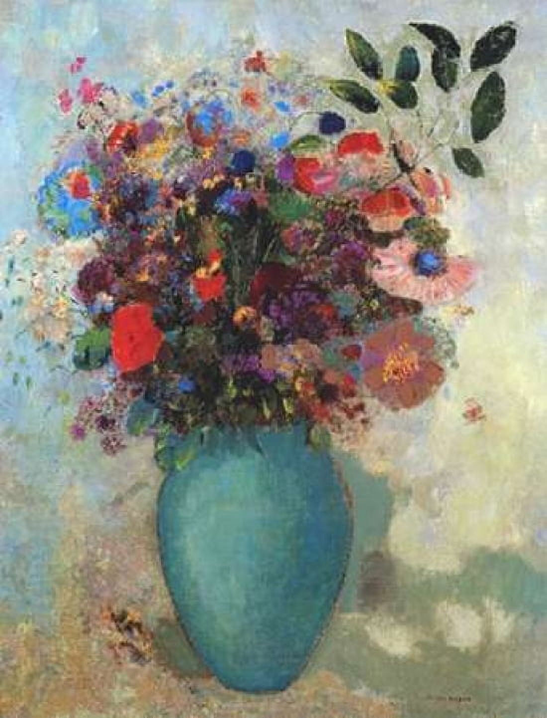 Flowers In A Turquoise Vase Canvas Art - Odilion Redon (18 x 24)