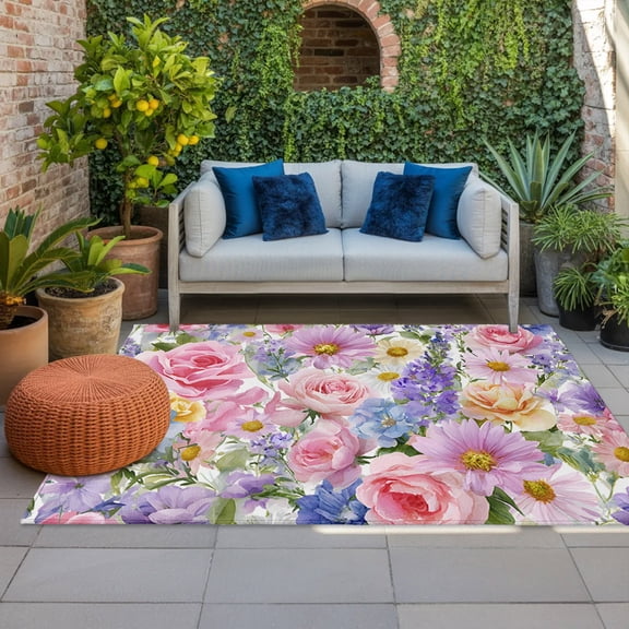 Flowers Indoor Outdoor Rugs 3x5 Ft, Spring Field Watercolor Colored Floral Outdoor Patio Rugs Mat Washable Outside Area Rugs Carpet for Porch Deck RV Camping Pool Balcony Backyard