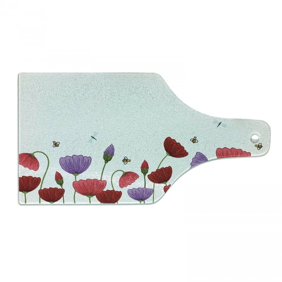 Flowers Insects Cutting Board, Interpretation of Spring Season Flowers with Bees Buzzing Around, Decorative Tempered Glass Cutting and Serving Board, in 3 Sizes, by Ambesonne
