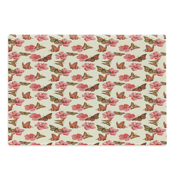 Flowers Insects Cutting Board, Tropical Garden Hibiscus and Monarch Butterflies Pattern, Decorative Tempered Glass Cutting and Serving Board, in 3 Sizes, by Ambesonne