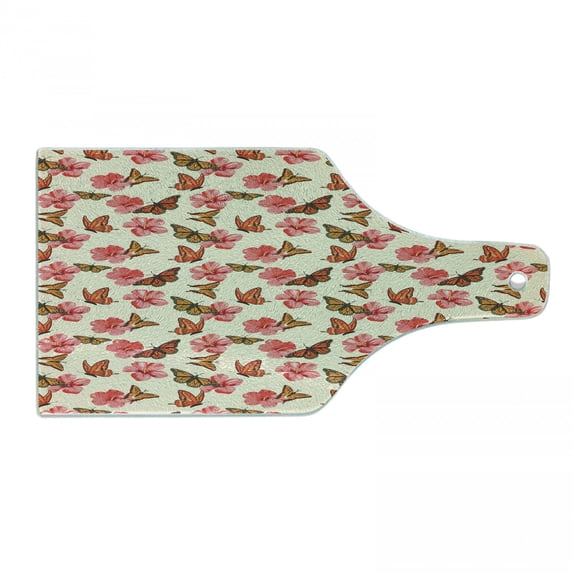Flowers Insects Cutting Board, Tropical Garden Hibiscus and Monarch Butterflies Pattern, Decorative Tempered Glass Cutting and Serving Board, in 3 Sizes, by Ambesonne