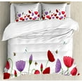 thumbnail image 1 of Flowers Insects Duvet Cover Sets, Interpretation of Spring Season Flowers Bees Buzzing Around, Bedding Set 2 Duvet Covers & 4 Pillowcases, 2 Pack Queen Size, Ruby Coral Lavender, by Ambesonne, 1 of 7