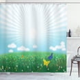 thumbnail image 1 of Flowers Insects Shower Curtain, Composition of Colorful Blossoms Meadow and Butterflies, Fabric Bathroom Set with Hooks, 69W X 70L Inches, Pale Blue and Persian Blue, by Ambesonne, 1 of 3