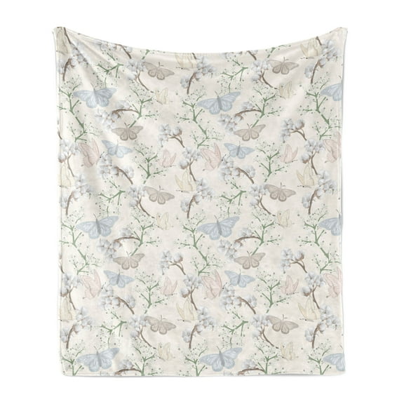 Flowers Insects Soft Flannel Fleece Blanket, Pastel Colored Butterflies with Foliage Vintage Floral Themed, Cozy Plush for Indoor and Outdoor Use, 60" x 80", Champagne and Multicolor, by Ambesonne
