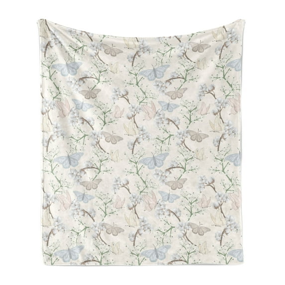 Flowers Insects Soft Flannel Fleece Blanket, Pastel Colored Butterflies with Foliage Vintage Floral Themed, Cozy Plush for Indoor and Outdoor Use, 60" x 80", Champagne and Multicolor, by Ambesonne
