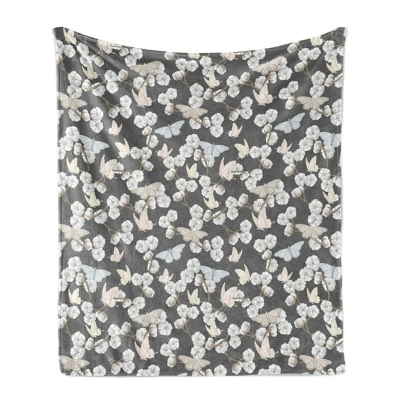 Flowers Insects Soft Flannel Fleece Blanket, Vintage Floral Nostalgia Detailed Foliage and Butterflies Pattern, Cozy Plush for Indoor and Outdoor Use, 50" x 70", Grey and Warm Taupe, by Ambesonne
