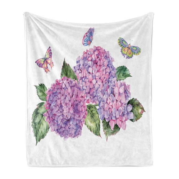 Flowers Insects Soft Flannel Fleece Blanket, Watercolor Illustration of Hydrangea Leaves and Butterflies, Cozy Plush for Indoor and Outdoor Use, 70" x 90", Peacock Green Multicolor, by Ambesonne