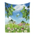 thumbnail image 1 of Flowers Insects Soft Flannel Fleece Throw Blanket, Pattern of Spring Scene of Blossoms Bees and Ladybugs, Cozy Plush for Indoor and Outdoor Use, 70" x 90", Azure Blue Multicolor, by Ambesonne, 1 of 5