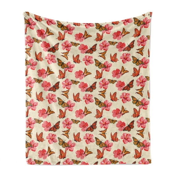 Flowers Insects Soft Flannel Fleece Throw Blanket, Tropical Garden Hibiscus and Monarch Butterflies Pattern, Cozy Plush for Indoor and Outdoor Use, 50" x 60", Eggshell Coral and Orange, by Ambesonne