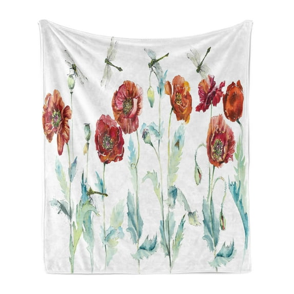 Flowers Insects Soft Flannel Fleece Throw Blanket, Watercolor Layout of Hand Drawn Poppies and Leaves on a Plain Background, Cozy Plush for Indoor and Outdoor Use, 70" x 90", Multicolor, by Ambesonne