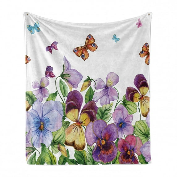 Flowers Insects Soft Flannel Fleece Throw Blanket, Watercolor Style Burgeoning Floral Details, Cozy Plush for Indoor and Outdoor Use, 50" x 70", Fern Green Multicolor, by Ambesonne