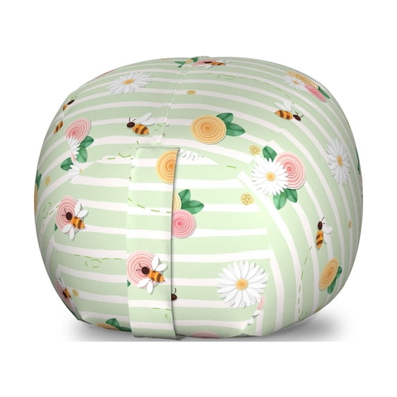 Flowers Insects Storage Toy Bag Chair, Charming Roses Chamomiles Bees on a Striped Background, Stuffed Animal Organizer Washable Bag, Small Size, Pastel Green Multicolor, by Ambesonne