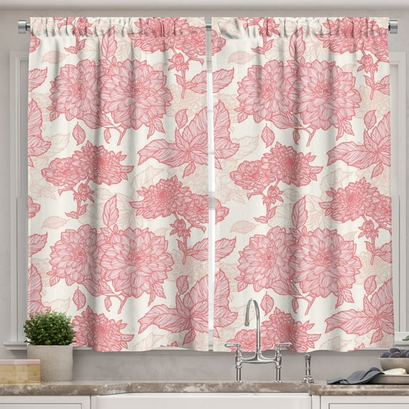 Flowers Kitchen Curtains, Gardening Plants Theme Dahlias Flowers and Leaves Illustration Romantic Design Print, Two Panels Drapes with Rod Pocket Room Decor, 55" X 45", Pink, by Ambesonne