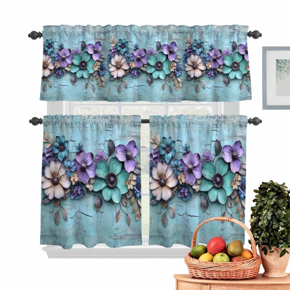 Flowers Kitchen Curtains Valances 3 Piece Set, Teal Mottled Walls Rod Pocket Tier Curtain and Valance Drapes for Small Window 24 Inch Length for Bedroom Cafe