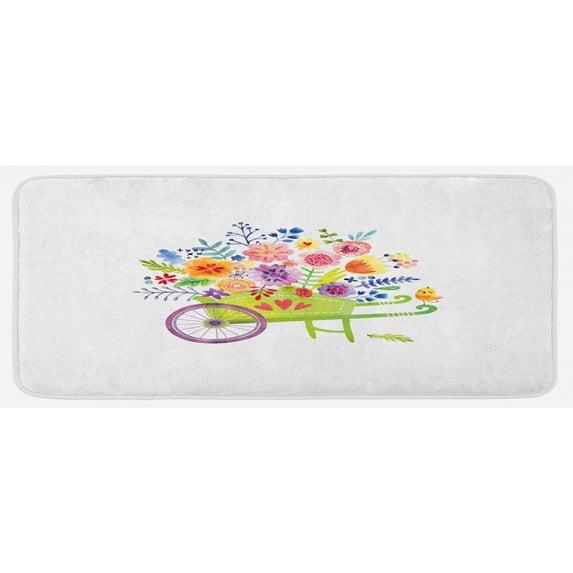 Flowers Kitchen Mat, Wheelbarrow Full of Flowers Botanical Gardening Plants Agriculture Watercolor Art, Plush Decorative Kitchen Mat with Non Slip Backing, 47" X 19", Multicolor, by Ambesonne