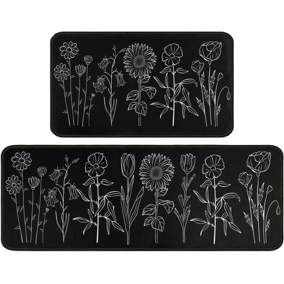 Flowers Kitchen Rug Sets of 2 Piece Non Slip Kitchen Rugs and Mats Washable Floral Kitchen Mats for Kitchen Floor Mat Carpet Runner Rugs for Hallway Laundry Decor 17\u201dx30\u201c+17'''' X 47''''