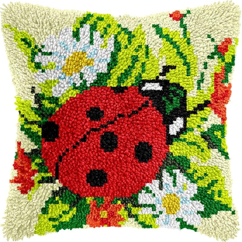 Flowers Ladybug Latch Hook Pillow Kits Pillow Cover with Pattern Printed Canvas Sofa Hooking Pillowcase Cushion Crafts Embroidery Latch Hooking Crochet Starter Kits 17x17 inch(1)