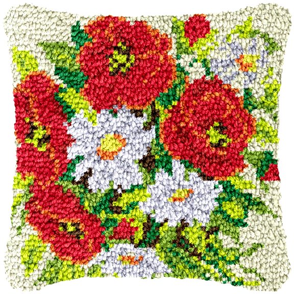 Flowers Latch Hook Kits Pillow Cover DIY Rug Making Crochet Hook Cushion Making Kits with Preprinted Pattern Canvas DIY Needlework Crochet Kits Sofa Decor 43x43cm(3a)